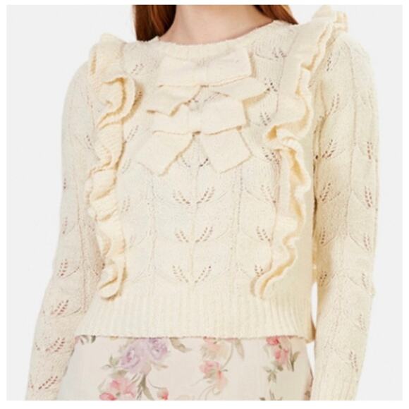 LOVESHACKFANCY Kennie Pullover Knit Sweater Ruffle Bow Cream M - Picture 5 of 11